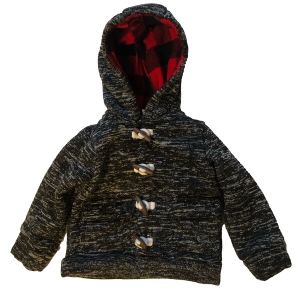 Carters Baby Boy Toggle Button Gray Jacket Fleece Lined Plaid Hood Size 18mo